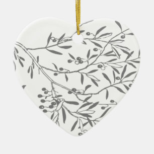 Black and White Olive Branches Ceramic Ornament
