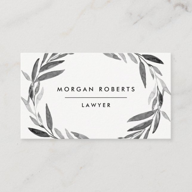 Black and White Olive Leaf Wreath Professional Business Card (Front)