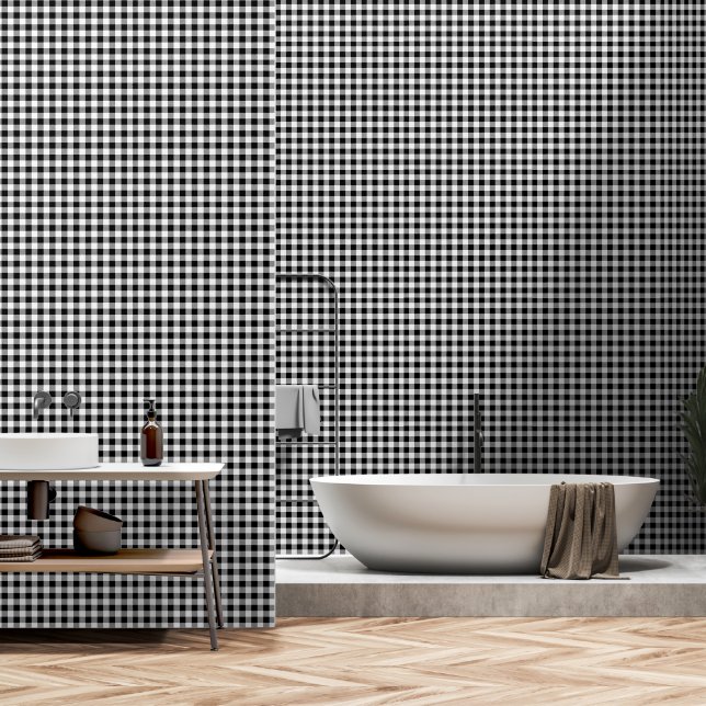 Black And White One Inch Wide Buffalo Plaid Wallpaper (Bathroom)