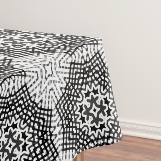 Black and white openwork geometric pattern tablecloth (In Situ)