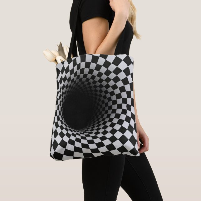 Black and White Optical Illusion Tunnel Tote Bag (Close Up)