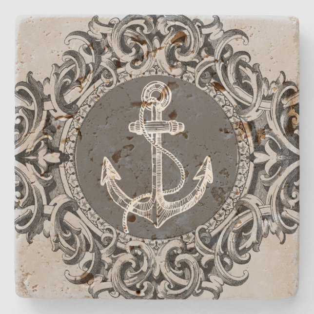 Black And White Ornament & Nautical Boat Anchor Stone Coaster (Front)