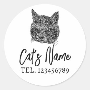 Black and White Ornamental Cat Portrait Classic Round Sticker