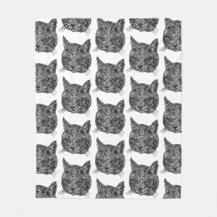 Black and White Ornamental Cat Portrait Fleece Blanket