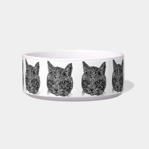Black and White Ornamental Cat Portrait Pet Bowl