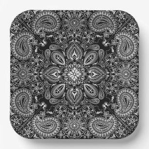 Black and White Ornate Bandana Paper Plate