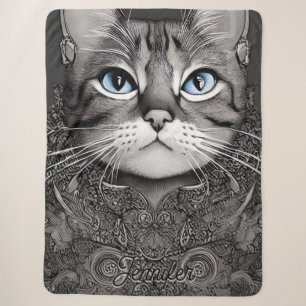 Black and White Ornate Cat Personalized Name Sherpa Blanket