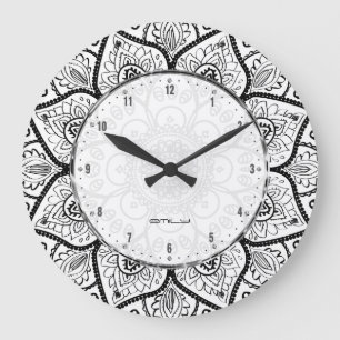 Black And White Ornate Mandala Lace Design Large Clock