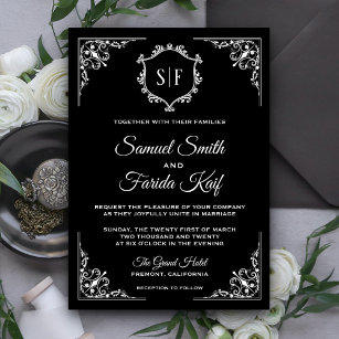 Black and White Ornate Monogram Wedding Invitation