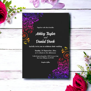 Black And White Ornate Neon Lights Floral Wedding Invitation