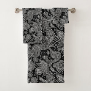 Black and White Ornate Paisley Bath Towel Set