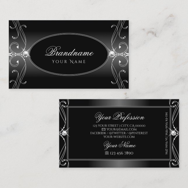 Black and White Ornate Sparkling Diamonds Stylish Business Card (Front/Back)