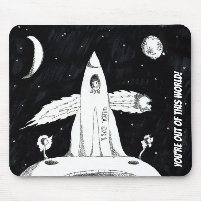 Black and White Out of This World Spaceship Mouse Pad (Front)