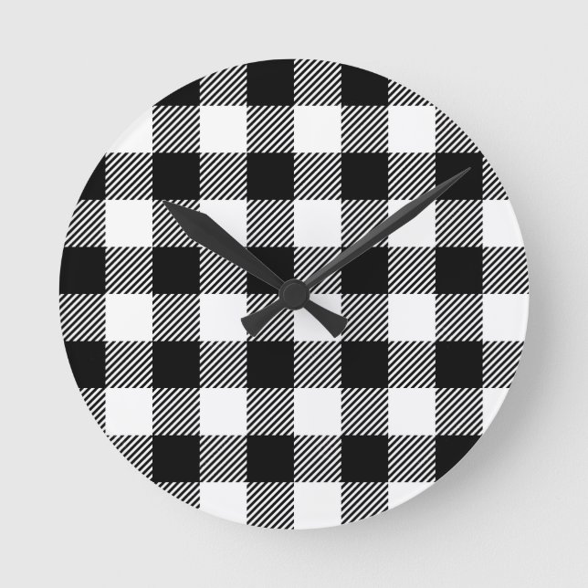 Black and White Outdoor Gingham Pattern Art Design Round Clock (Front)