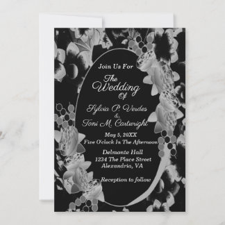 Black and White Oval Floral Garden Wedding Invitation