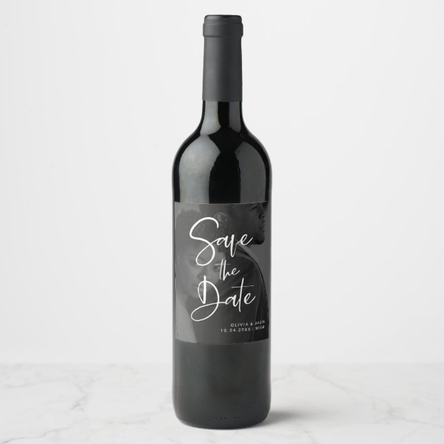 Black and White Overlay | Photo Save The Date Wine Label (Front)