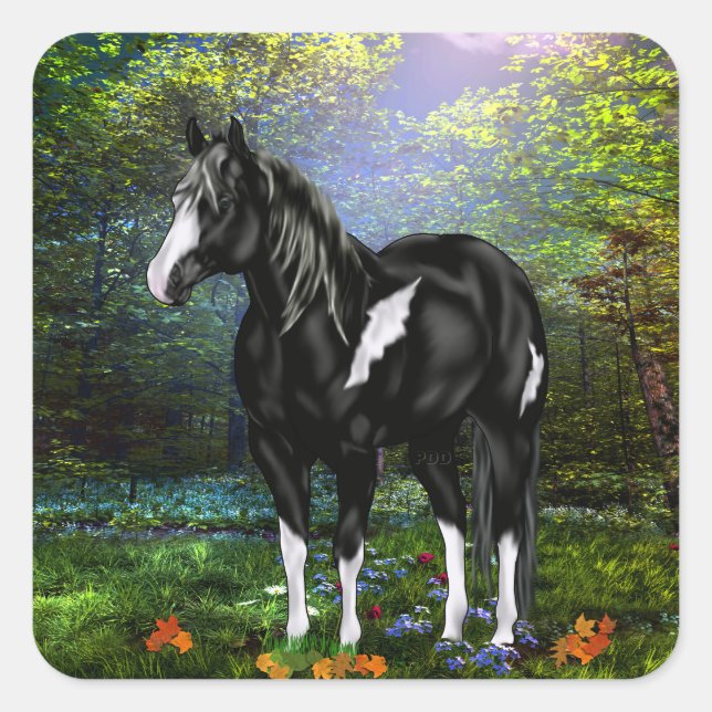 Black and White Overo Paint Horse Square Sticker (Front)