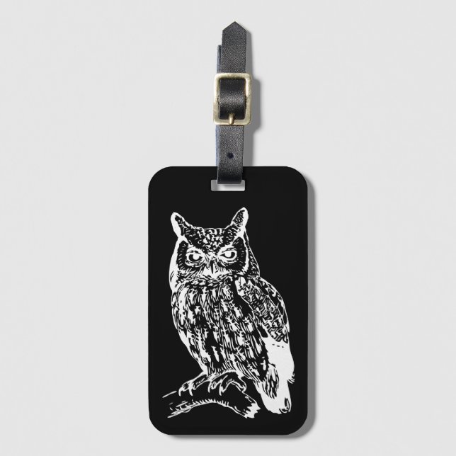 Black and White Owl Art Luggage Tag (Front Vertical)