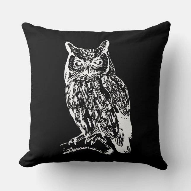 Black and White Owl Art Throw Pillow (Front)