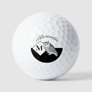 Black and White Owl Grey Monogram name Golf Balls