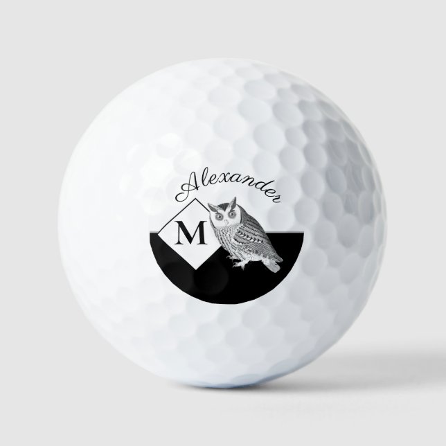 Black and White Owl Grey Monogram name Golf Balls (Front)