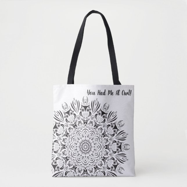 Black and white owl mandala reusable tote bag (Front)
