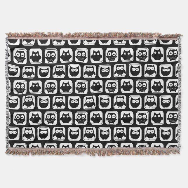 Black and White Owl Pattern Throw Blanket (Front)