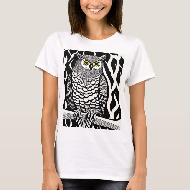 Black and White Owl with Yellow Eyes T-Shirt (Front)
