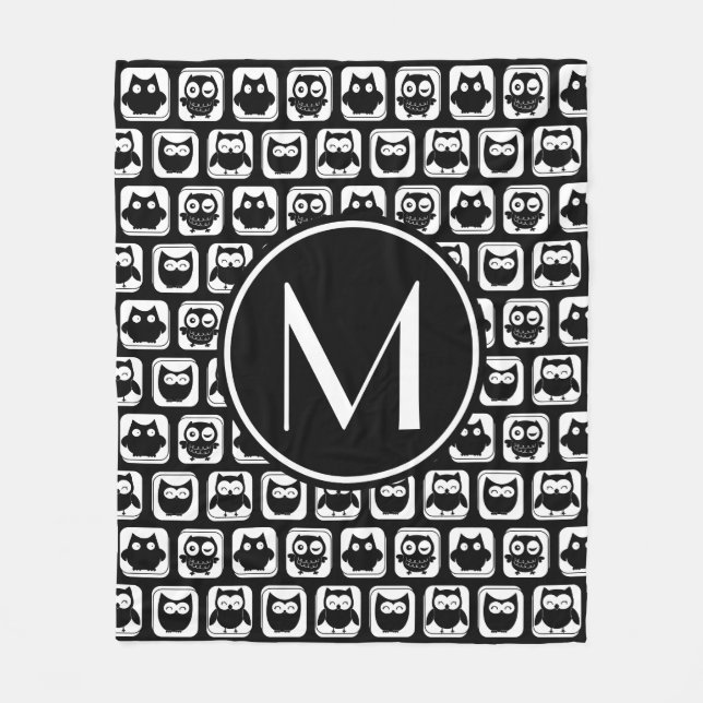 Black and White Owls Personalized Monogram Fleece Blanket (Front)
