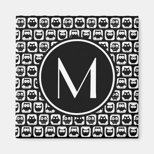 Black and White Owls Personalized Monogram Magnet (Front)