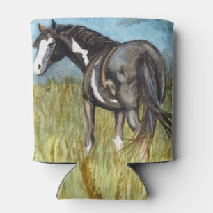 Black and White Paint Horse Watercolor Art Can Cooler