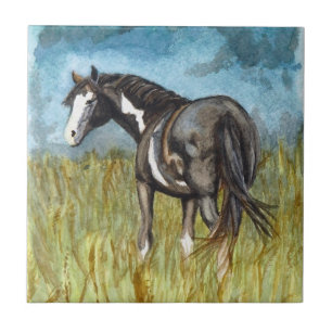 Black and White Paint Horse Watercolor Art Tile
