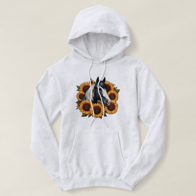 Black and White Paint Horse with Sunflowers Hoodie (Design Front)