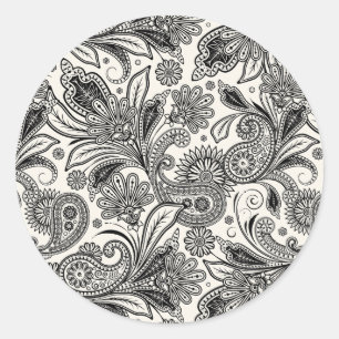 Black and white paislely  classic round sticker