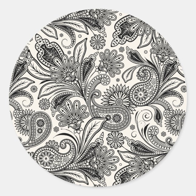 Black and white paislely  classic round sticker (Front)