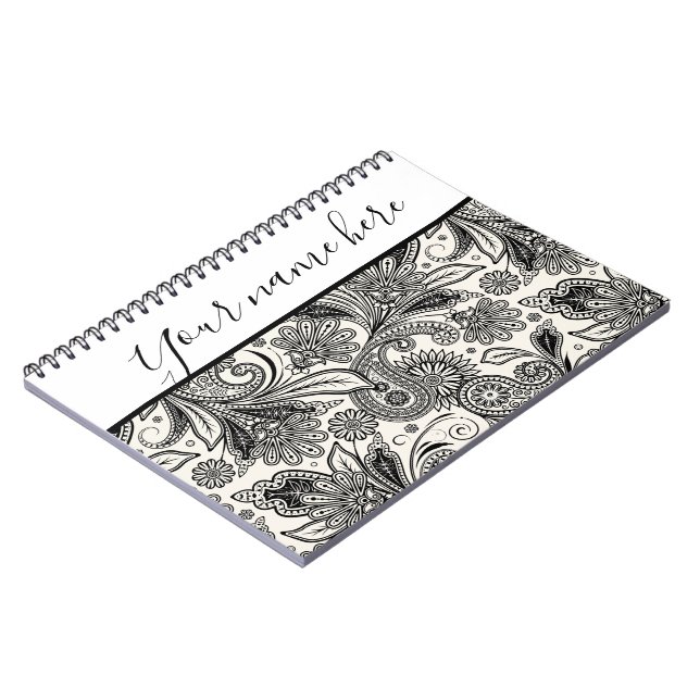 Black and white paislely personalized notebook (Left Side)