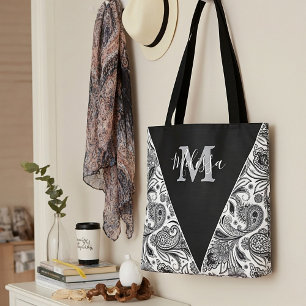 Black and white paislely  personzalized tote bag