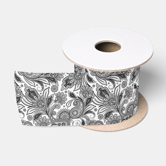 Black and white paislely  satin ribbon (Spool)