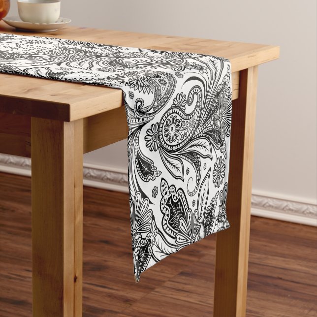 Black and white paislely short table runner (In Situ)