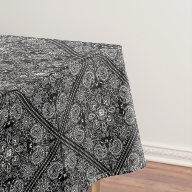 Black and White Paisley Bandana Boho Print Tablecloth (In Situ)