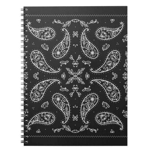 Black and White Paisley Bandana Ornament Print. Vi Notebook (Front)