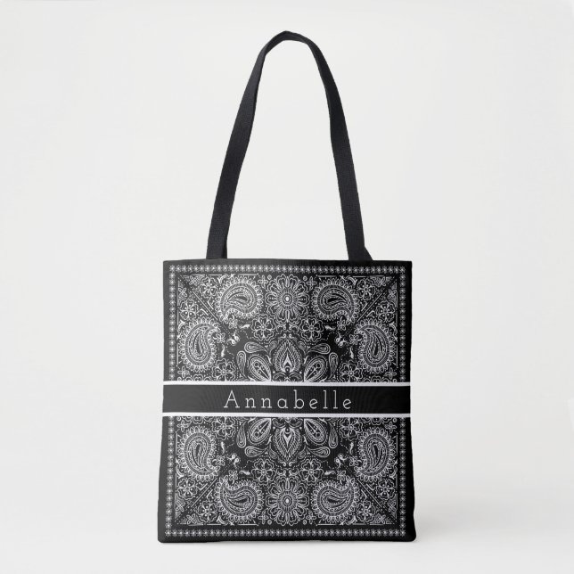 Black and White Paisley Bandana Personalize Tote Bag (Front)