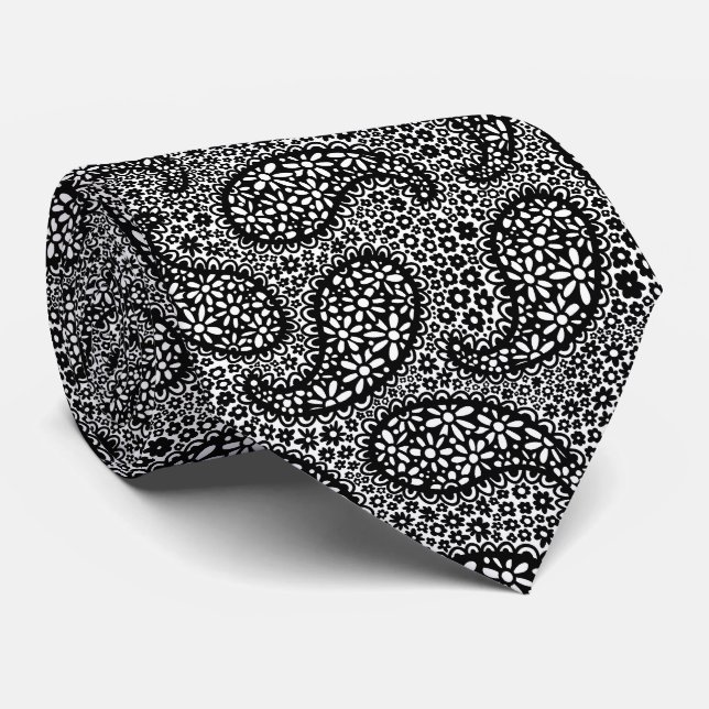 Black And White Paisley Daisy Pattern Tie (Rolled)