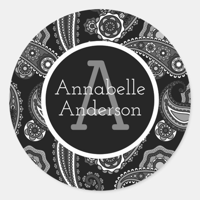 Black and White Paisley Fancy Personalize Classic Round Sticker (Front)