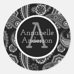 Black and White Paisley Fancy Personalize Classic Round Sticker