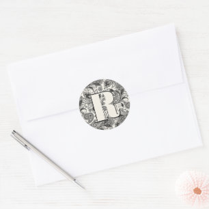 Black and white paisley monogram classic round sticker