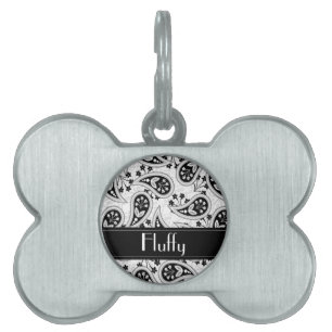 Black and White Paisley Pattern Pet Name Tag