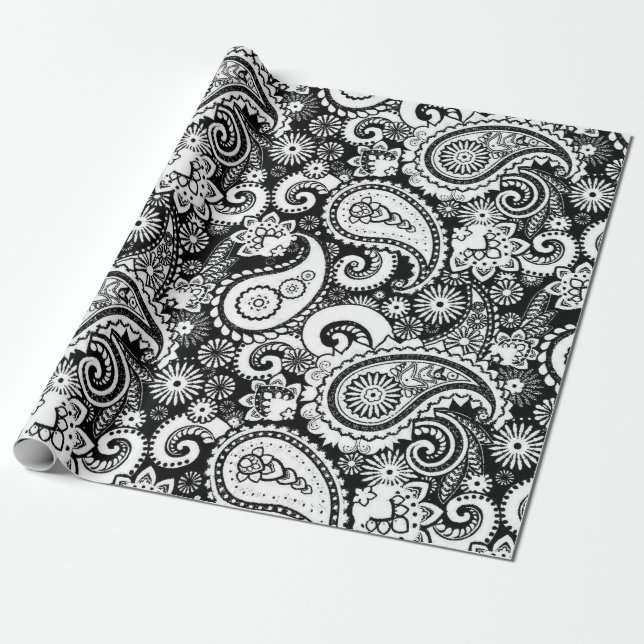 Black and White Paisley Pattern Wrapping Paper (Unrolled)