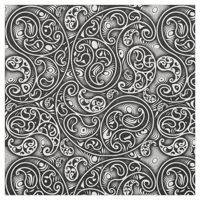 Black and White Paisley Swirls Spirals Fabric (Swatch)
