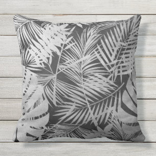 Black and white palm leaves outdoor pillow
